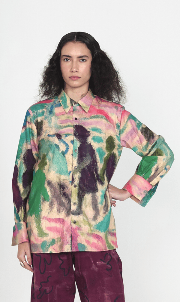 Multicolor Abstract Print Cotton Satin Relaxed-Fit Shirt — ART LOV AFFAIR