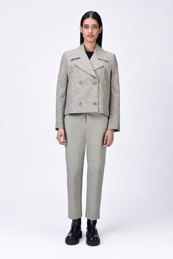 Taupe Textured Double-Breasted Cropped Jacket — Genes Lecoanet Hemant