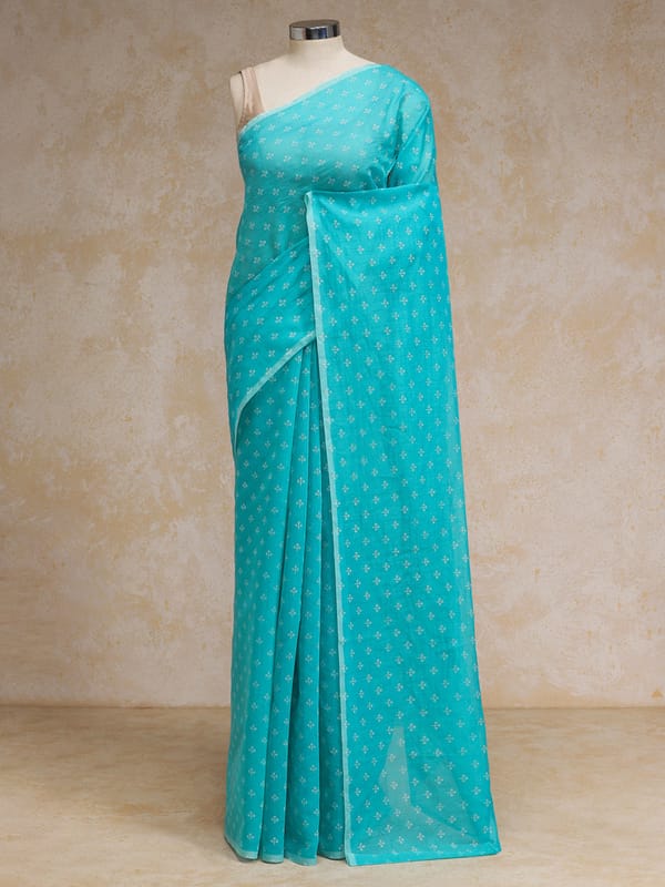 Aqua Blue Cotton Saree White Butti Print Rozaana — BINKS