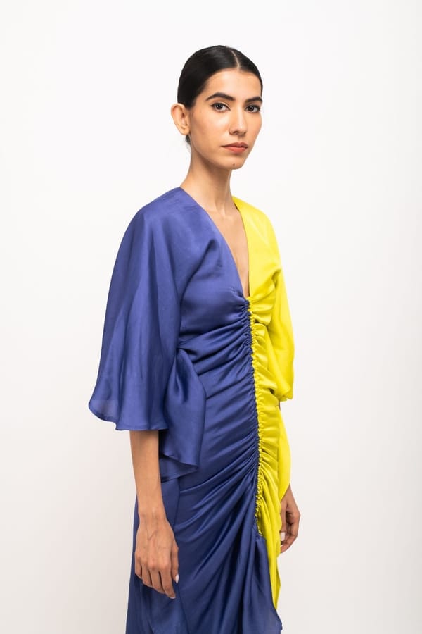 Blue and Neon Yellow Ruched Kaftan Bodycon Midi Dress — Neora