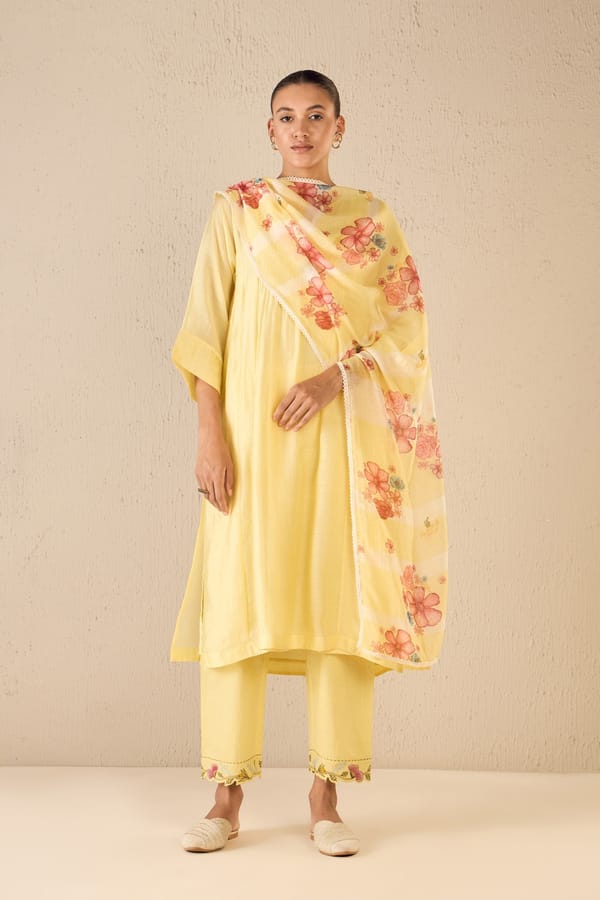 Floral Cream: Yellow Pintuck Choga Set — SHIVANI BHARGAVA