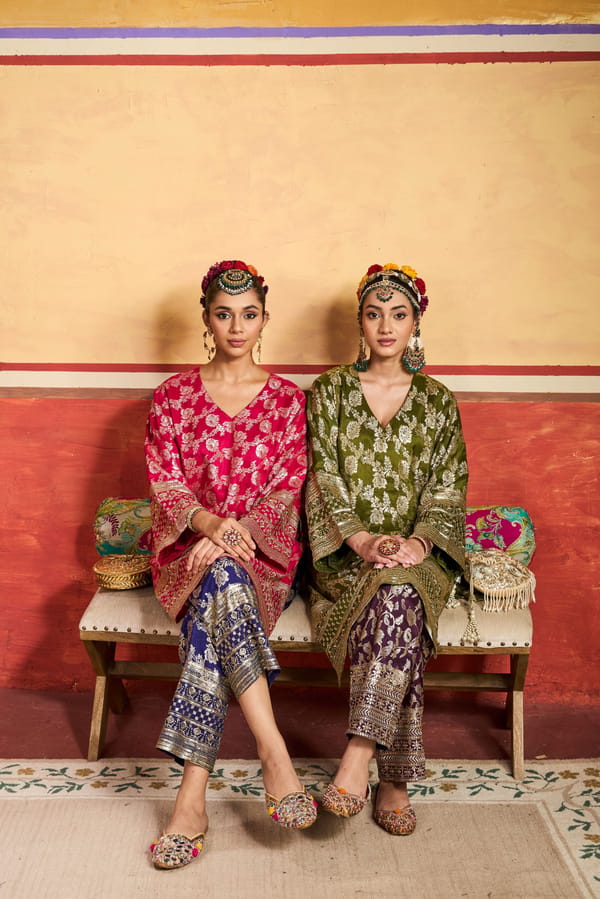 Green and Purple Brocade Silk Kurta Set with Zari Motifs — TASUVURE