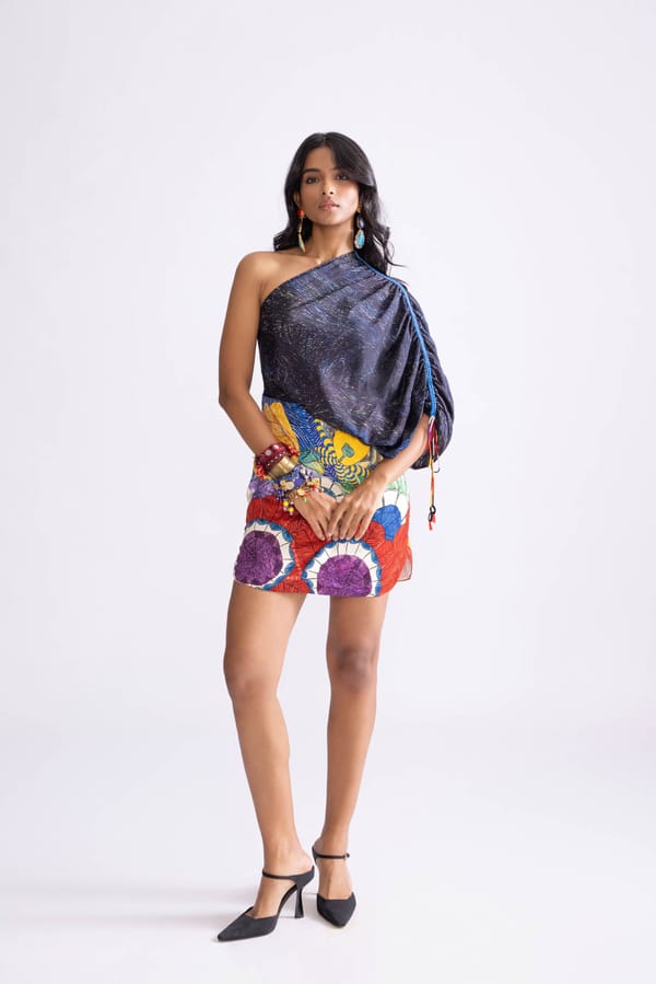 Black/Multi One-Shoulder Satin Printed Mini Dress — Saaksha and Kinni