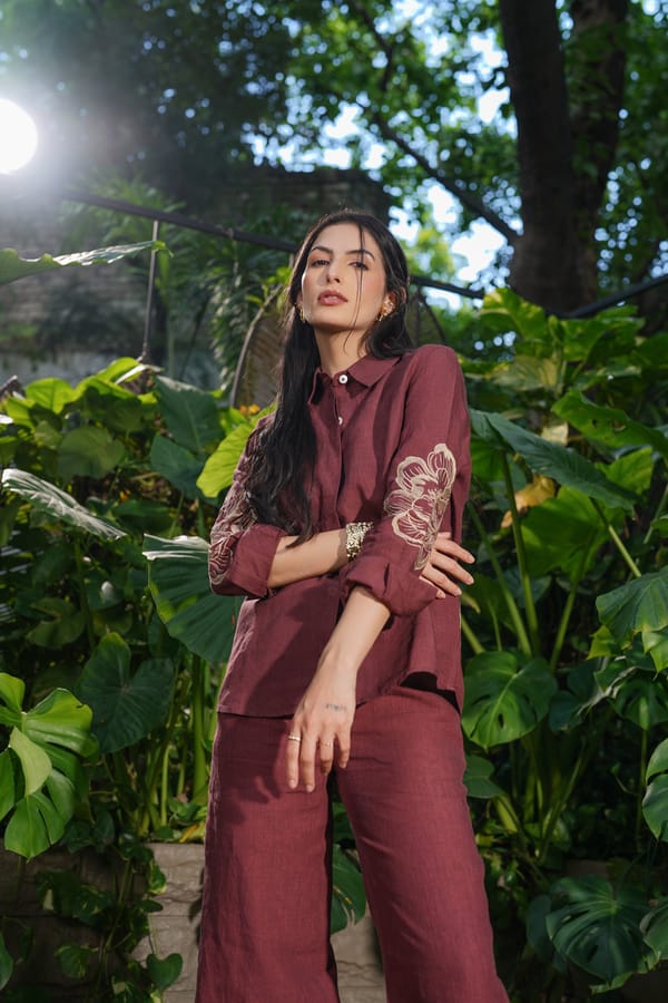 Rosewood Linen Embroidered Button-Down Shirt — AARI