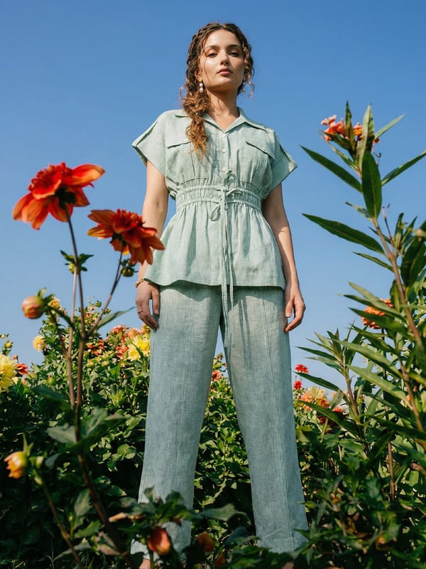 Sage Green Cotton-Linen Peplum Shirt and Pants Co-ord Set — HOUSE OF FETT