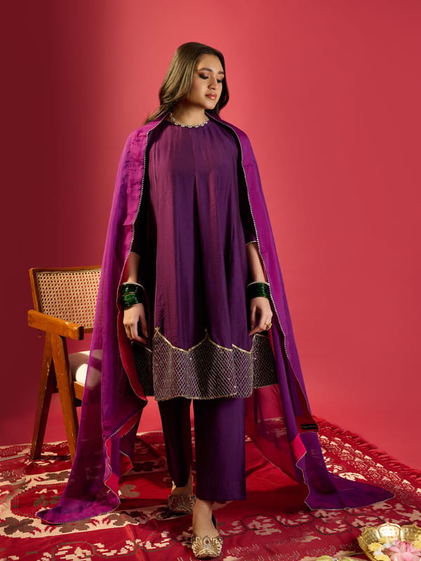 Purple Shoulder Kali Kurta With Pant And Dupatta — KOMAL SHAH
