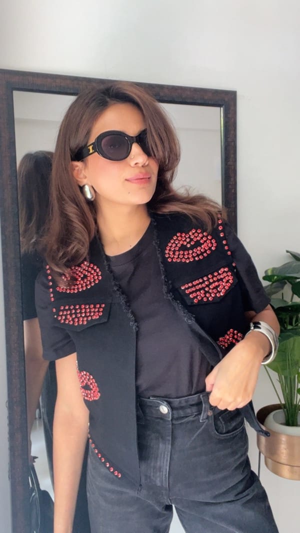 Red Studded Lips Denim Gilet — CLOSET AFFAIR