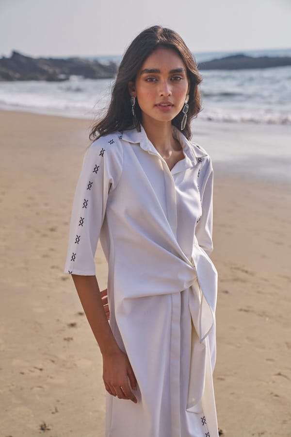 Ivory Midi Shirt Dress with Side Tie and Cross-Stitch — Dash and Dot