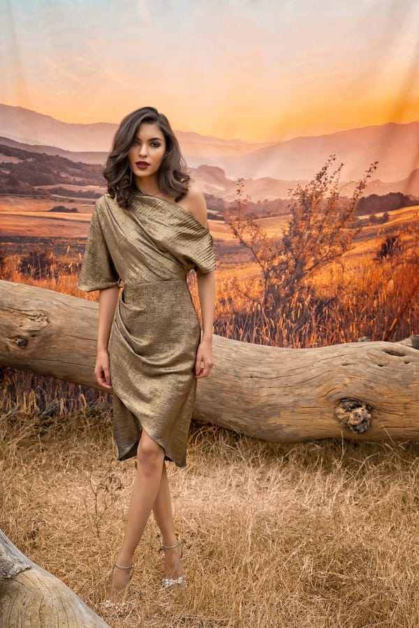 Gold Olive One-Shoulder Foil Satin Midi Dress — AMRTA BY GUNEET KONDAL