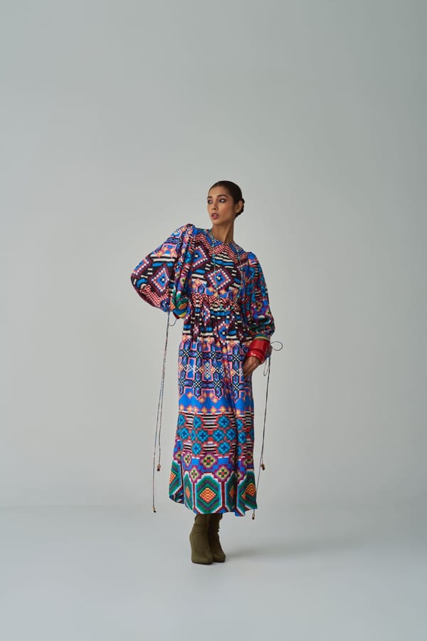 Blue Multi Geometric Printed Tiered Maxi Dress — Saaksha and Kinni