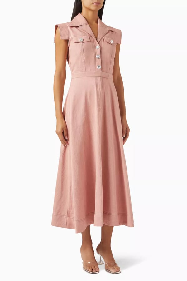 Pink Denim Button-Front Collared Midi Dress — NOTEBOOK