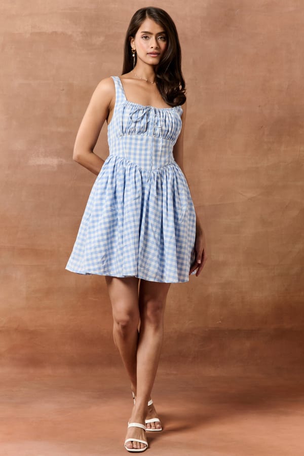Light Blue Gingham Fit and Flare Mini Dress — Lea Clothing