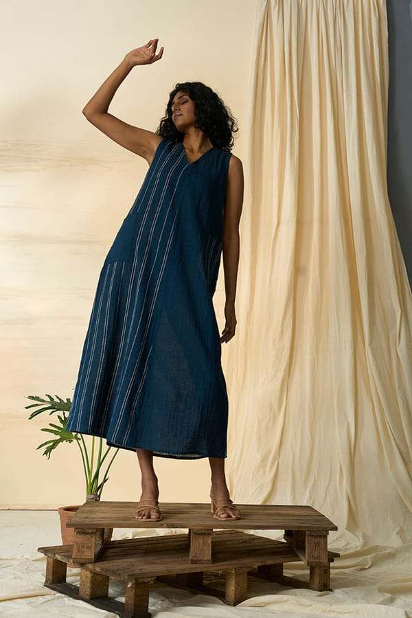 Denim Blue Striped Kala Cotton A-Line Midi Dress — ALTER NATIVE