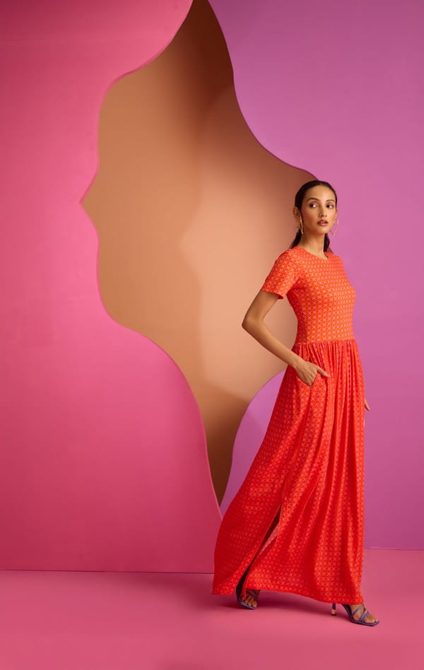 Orange Geometric Print Maxi Dress with Side Slits — CUIN