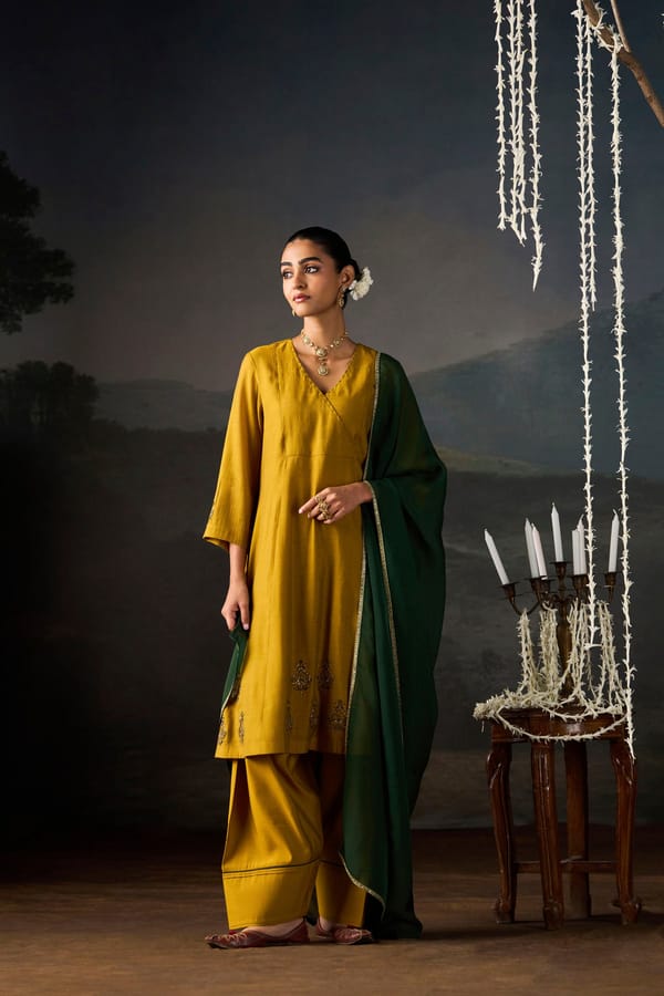Mustard Angrakha Chanderi Kurta Set — Truly SMA