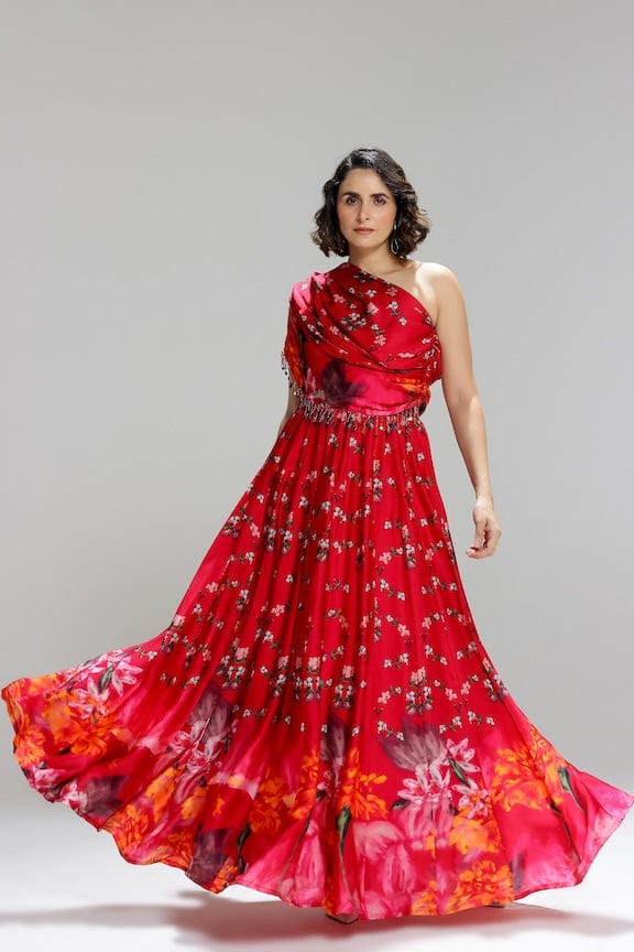 Hot Pink One-Shoulder Draped Blouse and Maxi Skirt Set — STUDIO SURBHI