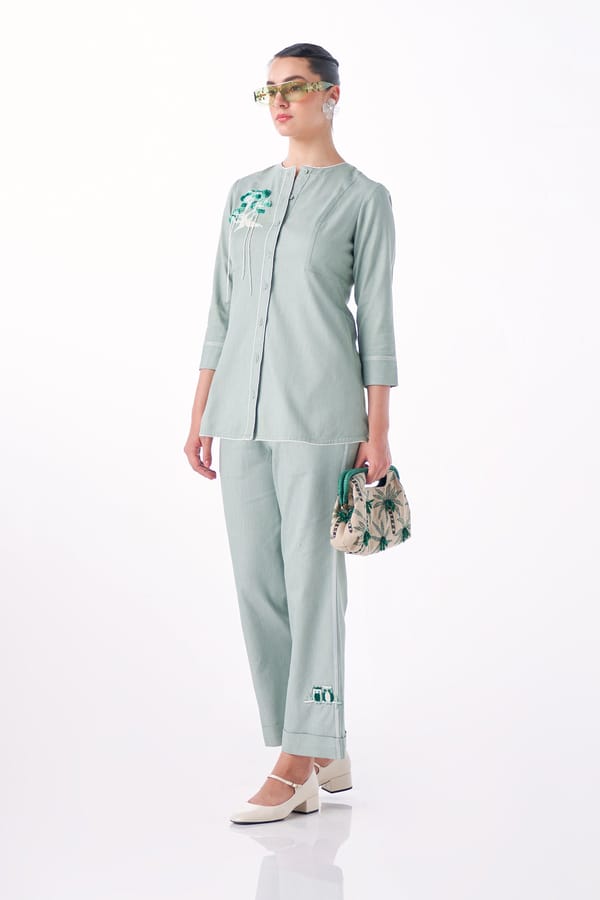 Light Green Denim Embroidered Shirt and Pants Co-ord Set — Our Love