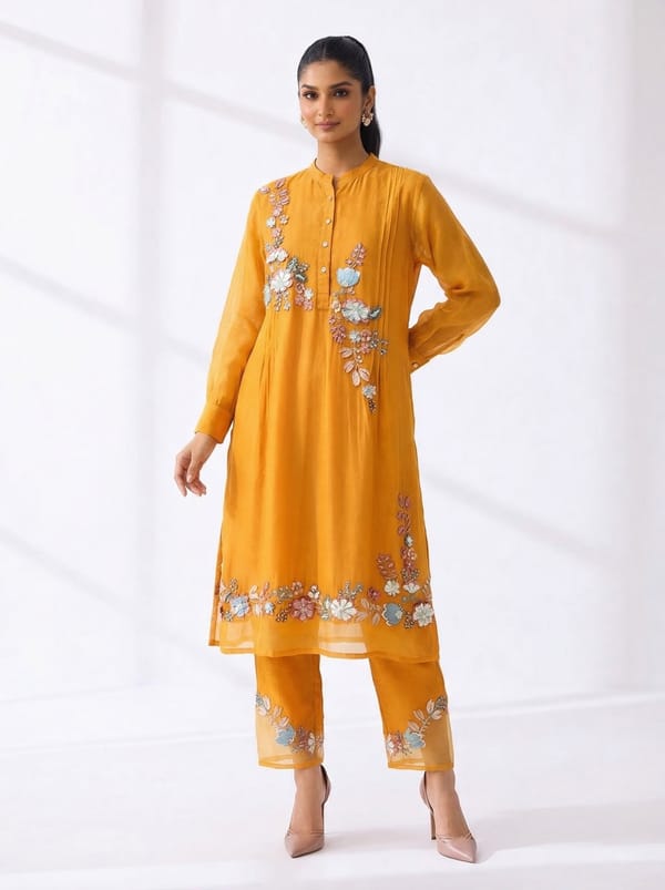 Mango Yellow Organza Embroidered Straight Kurta Set — RUCHIKA MALLIKA LABEL
