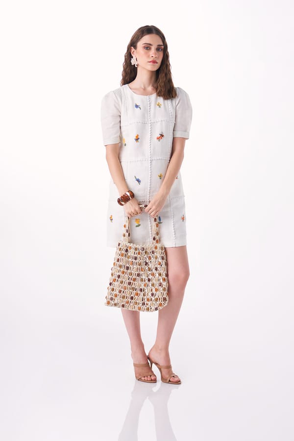 White Cotton-Linen Embroidered Panelled Mini Dress — Our Love
