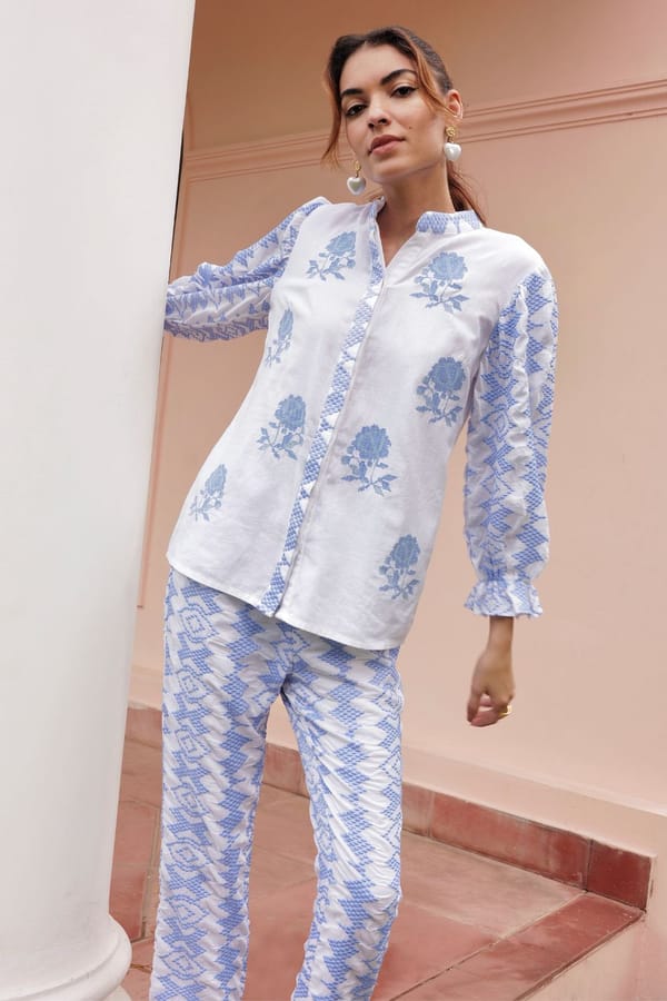 White/Blue Embroidered Mandarin Collar Cotton Shirt — BOHO-CHIC