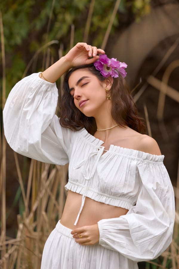 White Off-Shoulder Balloon Sleeve Crop Top with Tie-Up — The Clothing Factory