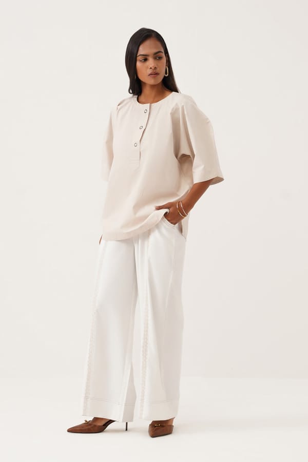 Ivory and White Cotton Co-ord Set with Wide-Leg Pants — Spacelines