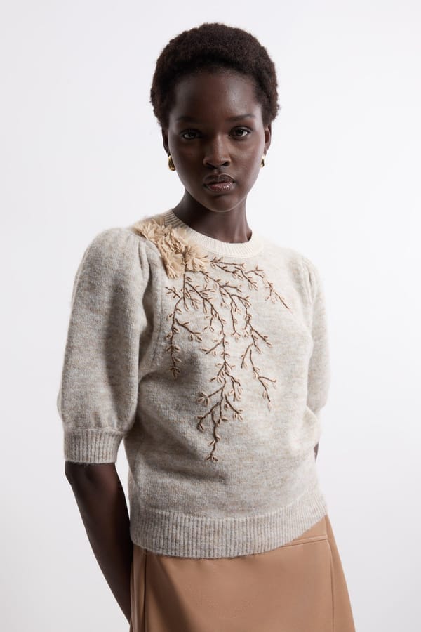 Ivory Embellished Puff Sleeve Pullover Sweater — KAREN MILLEN