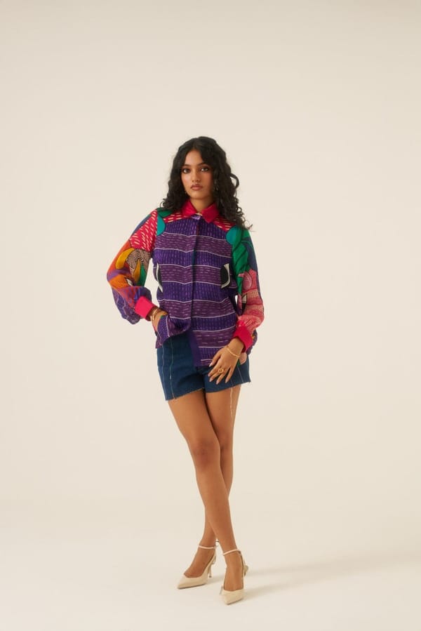 Multicolor Printed Organza Satin Shirt with Contrast Collar — ANANYA AGARWAL