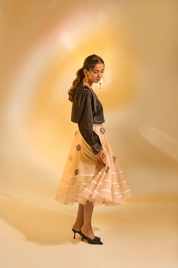 Cream Organza Flared Midi Skirt with 3D Floral Applique — An'era by Asmita Verma