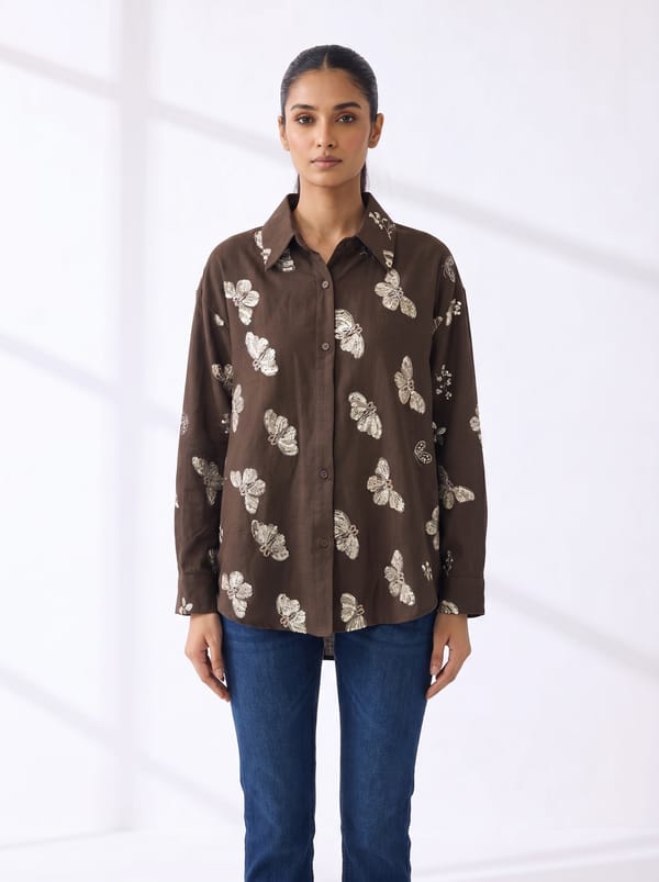 Brown Butterfly Print Linen Button-Down Shirt — THE LUXURY DRESSING