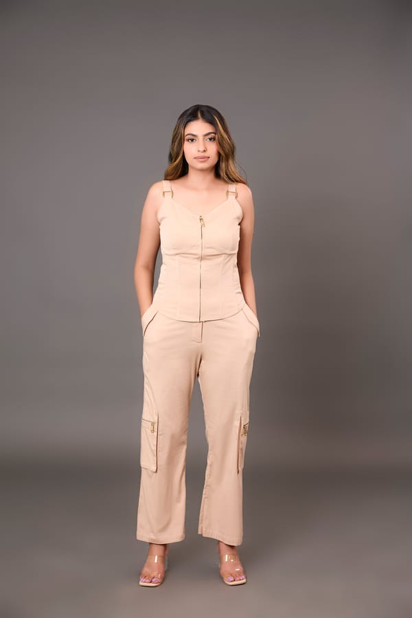 Beige Zip-Front Strap Top and Cargo Pants Co-ord Set — Younglings