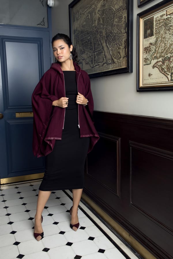 Burgundy Hooded Wool Cape with Front Zip — Rhe-Ana