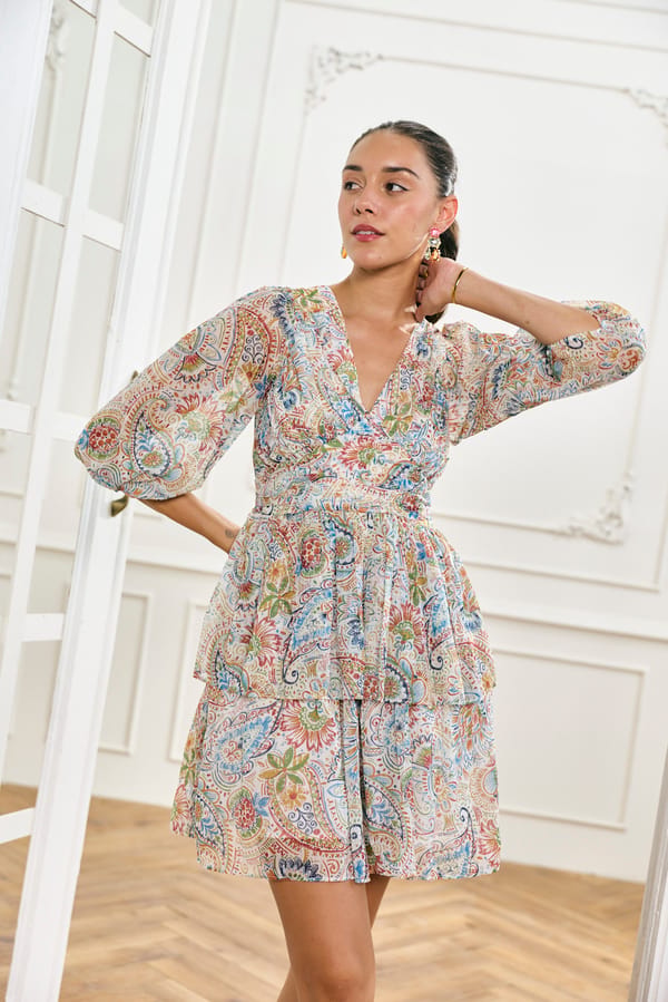 Beige Paisley Print Tiered Mini Dress — Style Island