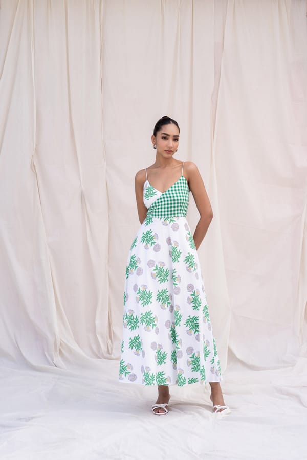White/Green Tropical Print A-Line Midi Dress with Back Tie-Up — Urban Suburban