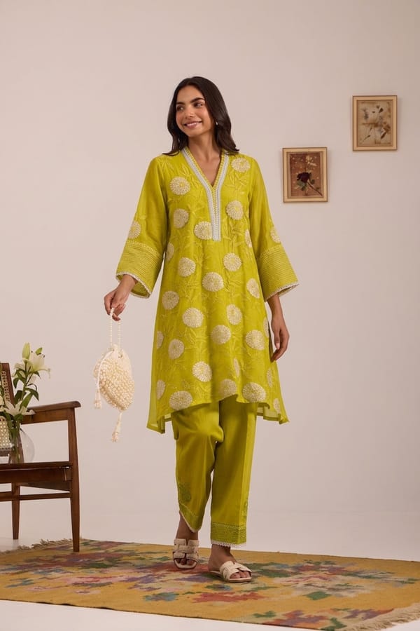 Lime Green Embroidered Chanderi Short Kurta Set — Omi Clothing
