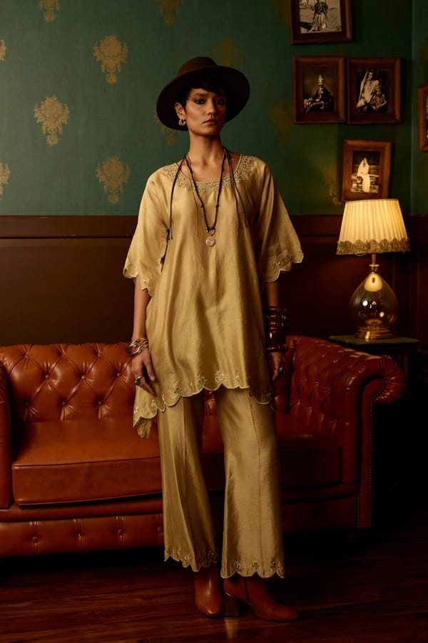 Sage Green Silk Chanderi Kaftan Kurta and Pants Set — Reeti Arneja