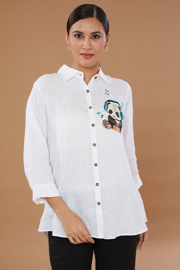 White Linen Button-Down Shirt with Panda Embroidery — Linen Bloom