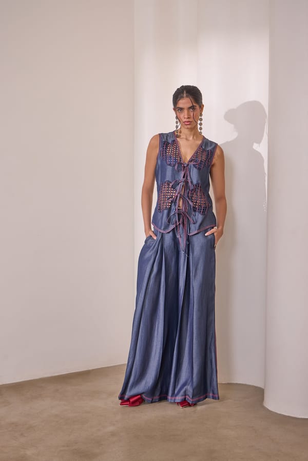 Indigo Tencel Denim High-Rise Flared Trousers — Needle Ten
