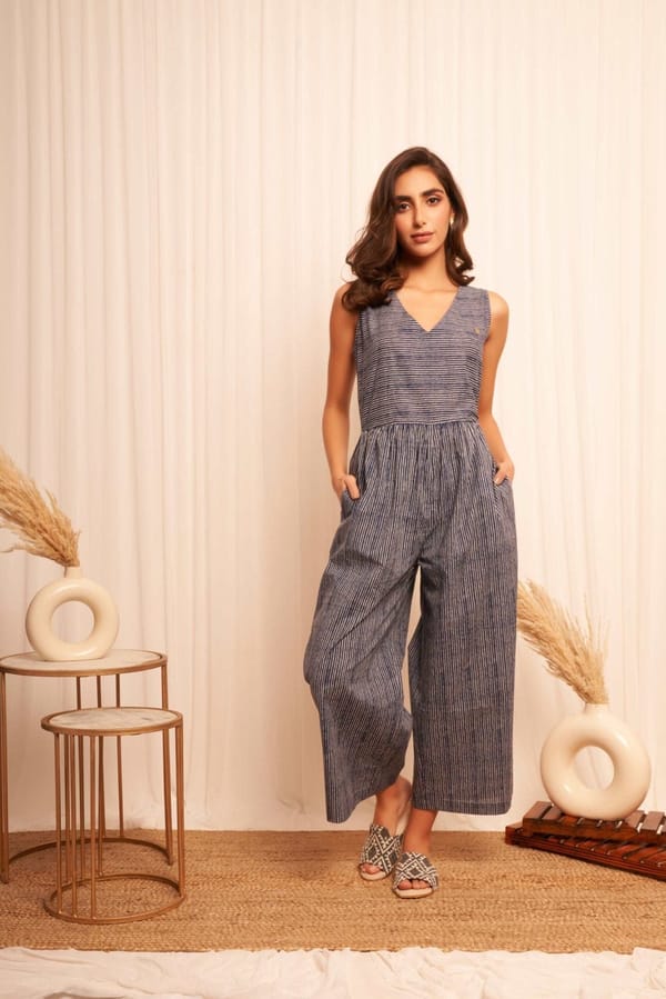 Blue White Pinstripe Sleeveless Jumpsuit — Western Era
