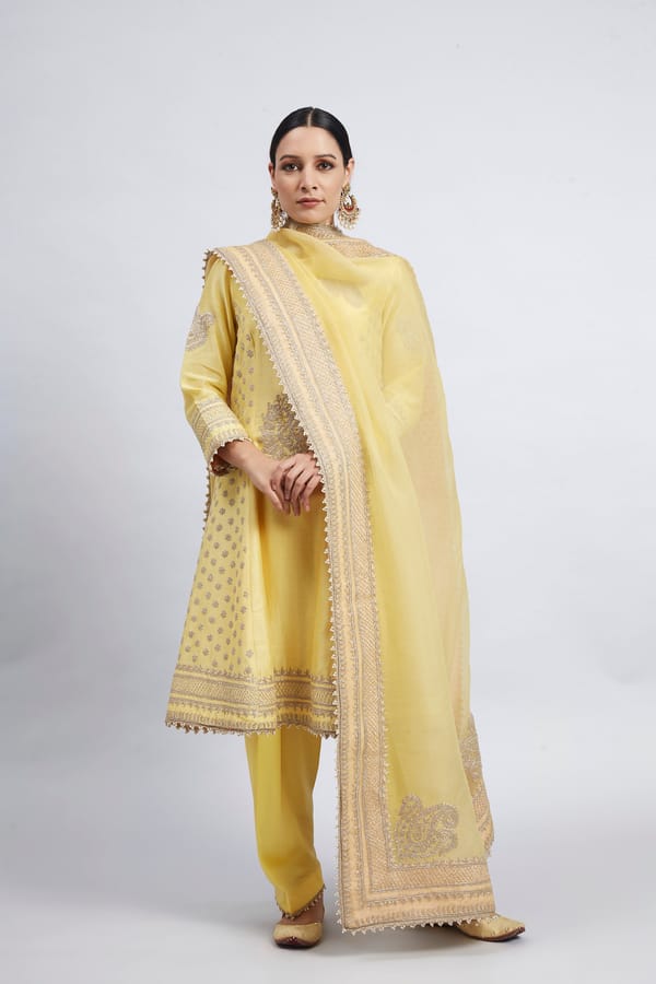 Daffodil Yellow Embroidered Chanderi Silk Kurta Set — Sheetal Batra