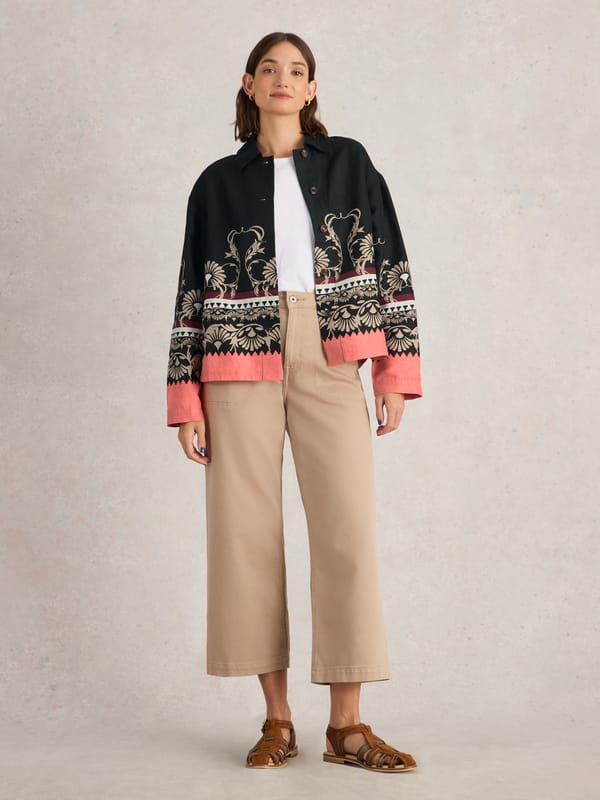 Black Printed Cropped Linen Jacket with Contrast Hem — White Stuff