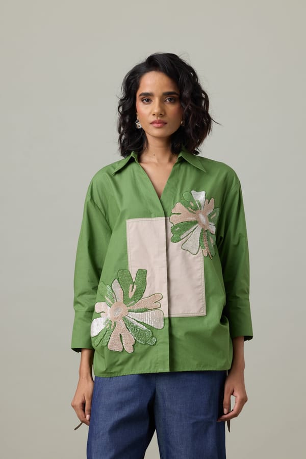 Moss Green Oversized Appliqué Colorblock Shirt — 63East