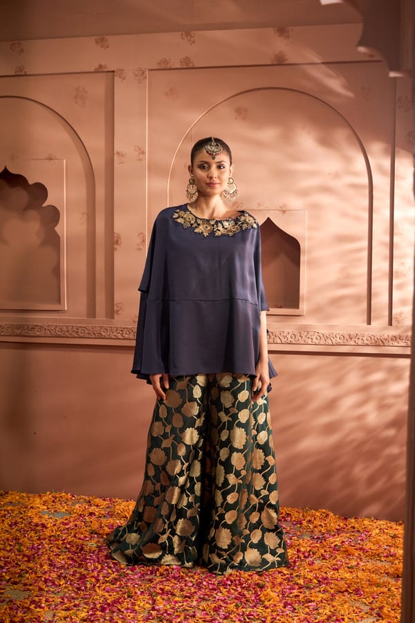 Blue Kaftan Cape Top and Brocade Flared Pant Co-ord Set — TASUVURE