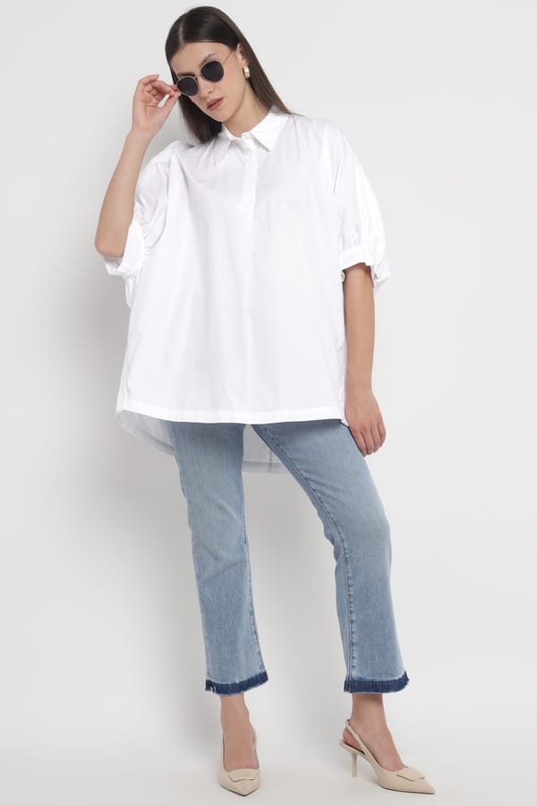 White Oversized Cotton Shirt with High-Low Hem — SILVIAN HEACH
