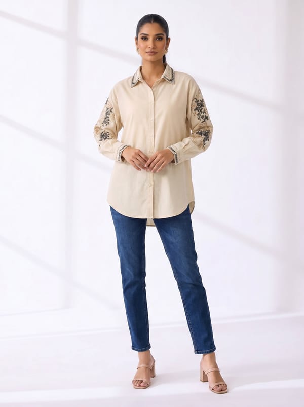 Beige Cotton Floral Sleeve Button-Down Shirt — THE LUXURY DRESSING