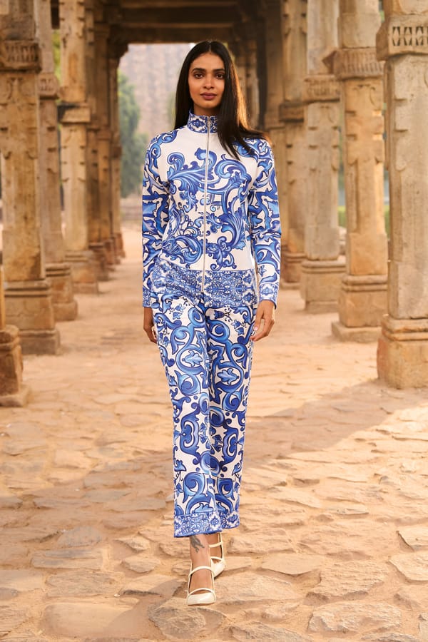 White/Blue Ceramic Print Zip-Up High Neck Jacket — Dash and Dot
