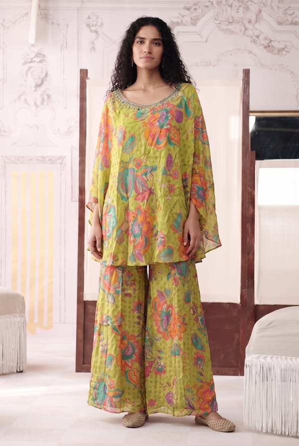 Lime Embellished Cape Set — Basanti Kapde aur Koffee