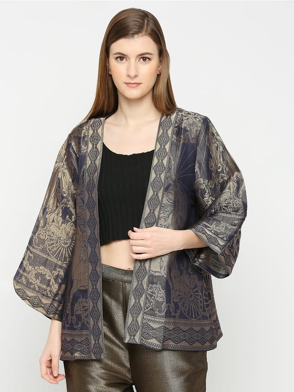 Navy Brocade Horse & Chains Pattern Metallic Jacket — Cloth Haus