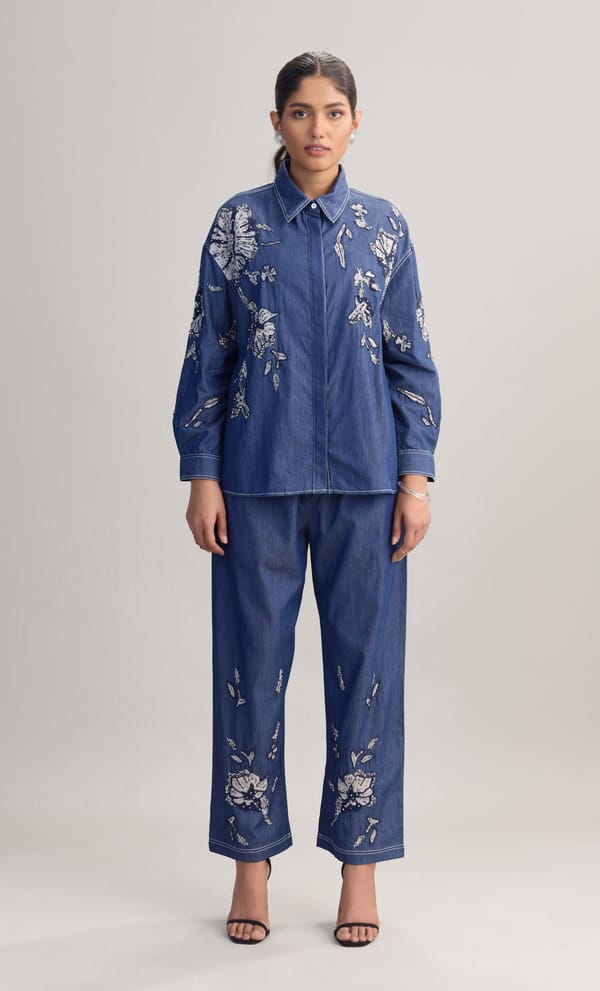 Blue Embellished Denim Shirt and Wide-Leg Pants Co-ord Set — Naka Teki