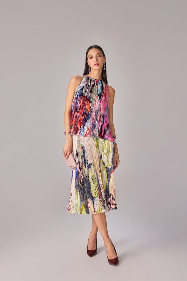 Multi Abstract Floral Halter Top and Pleated Midi Skirt Set — Saaksha and Kinni